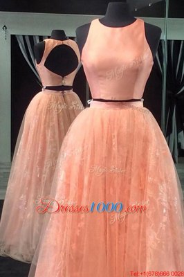 Most Popular Scoop Floor Length A-line Sleeveless Peach Homecoming Dress Backless