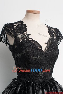 Fitting Black Cap Sleeves Lace Knee Length Prom Evening Gown