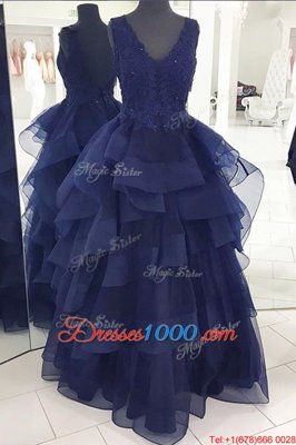 Floor Length A-line Sleeveless Navy Blue Pageant Dress for Teens Backless