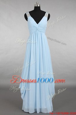 Stylish Light Blue Zipper V-neck Beading Prom Dresses Chiffon Sleeveless