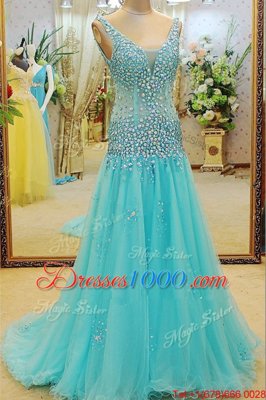 Beading Prom Dresses Aqua Blue Zipper Sleeveless Brush Train