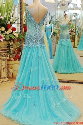 Beading Prom Dresses Aqua Blue Zipper Sleeveless Brush Train