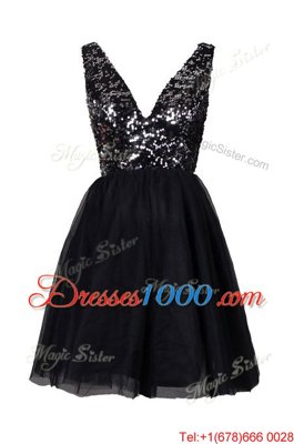 Luxury Sequins Homecoming Dress Black Backless Sleeveless Knee Length