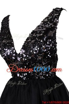 Luxury Sequins Homecoming Dress Black Backless Sleeveless Knee Length