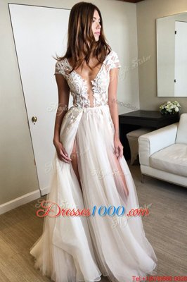 V-neck Cap Sleeves Prom Dress Floor Length Lace White Tulle