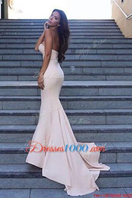 High Class Sweep Train Mermaid Prom Dresses White Sweetheart Elastic Woven Satin Sleeveless Backless