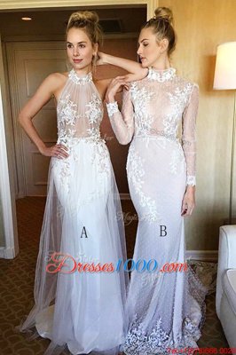 Mermaid White Tulle and Lace Lace Up Prom Evening Gown Long Sleeves Sweep Train Lace