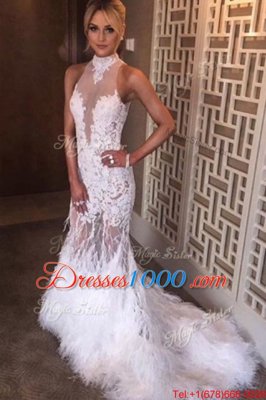 Glamorous High-neck Sleeveless Chiffon Prom Dress Lace Court Train Backless