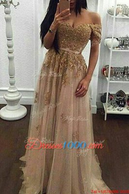 Off the Shoulder Champagne Short Sleeves Tulle Sweep Train Zipper Prom Dress for Prom