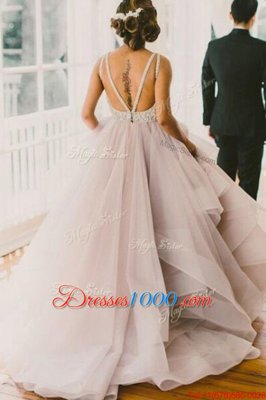 Artistic Scoop Sleeveless Sweep Train Lace Backless Dress for Prom