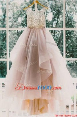 Artistic Scoop Sleeveless Sweep Train Lace Backless Dress for Prom