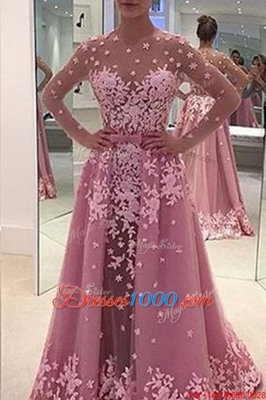 Perfect Tulle Bateau Long Sleeves Sweep Train Zipper Appliques Prom Gown in Lilac