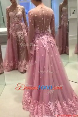 Perfect Tulle Bateau Long Sleeves Sweep Train Zipper Appliques Prom Gown in Lilac