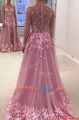 Perfect Tulle Bateau Long Sleeves Sweep Train Zipper Appliques Prom Gown in Lilac