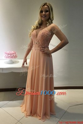 Shining Scoop Sleeveless Chiffon Prom Homecoming Dress Beading and Lace Sweep Train Zipper