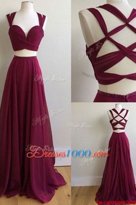 Burgundy A-line Chiffon Square Sleeveless Ruching With Train Criss Cross Prom Party Dress Sweep Train