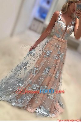 Peach Zipper Bateau Lace and Bowknot Prom Evening Gown Lace Sleeveless Sweep Train