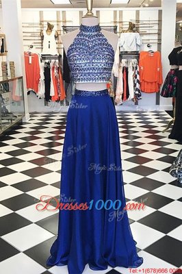 Royal Blue A-line Chiffon High-neck Sleeveless Beading Floor Length Zipper Evening Outfits
