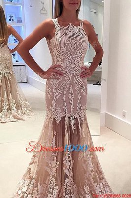 Mermaid Scoop Sleeveless Lace and Appliques Zipper Dress for Prom with Champagne Sweep Train