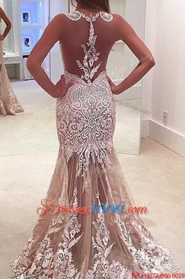 Mermaid Scoop Sleeveless Lace and Appliques Zipper Dress for Prom with Champagne Sweep Train