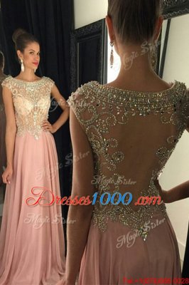 Pink Chiffon Zipper Scoop Sleeveless Floor Length Prom Dress Beading and Sequins