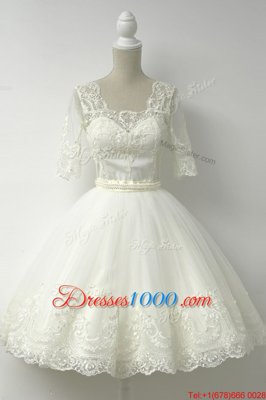 Pretty White A-line Square Half Sleeves Tulle Knee Length Zipper Lace Prom Evening Gown