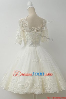 Pretty White A-line Square Half Sleeves Tulle Knee Length Zipper Lace Prom Evening Gown