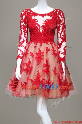 Scoop Lace Red Long Sleeves Knee Length Appliques Zipper Homecoming Dress