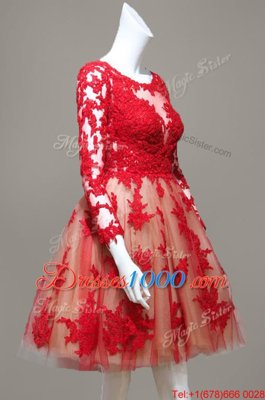 Scoop Lace Red Long Sleeves Knee Length Appliques Zipper Homecoming Dress