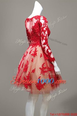 Scoop Lace Red Long Sleeves Knee Length Appliques Zipper Homecoming Dress