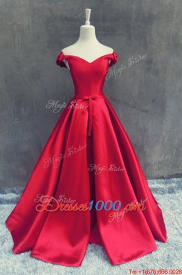 High End Off the Shoulder Red Satin Zipper Prom Dress Short Sleeves With Train Sweep Train Sashes|ribbons and Bowknot