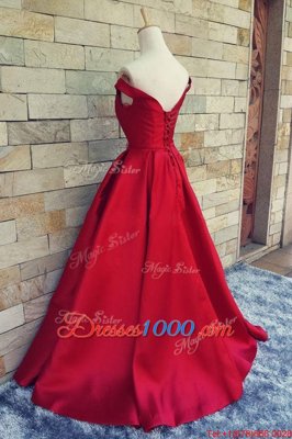 High End Off the Shoulder Red Satin Zipper Prom Dress Short Sleeves With Train Sweep Train Sashes|ribbons and Bowknot