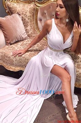 Suitable Sleeveless Court Train Zipper Beading and Ruching Dress for Prom