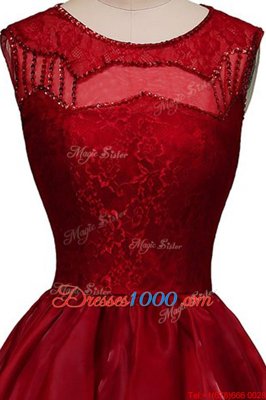 Wine Red Zipper Party Dress Beading Sleeveless High Low