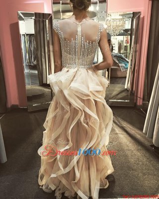 New Style Floor Length Champagne Prom Dresses Scoop Sleeveless Zipper
