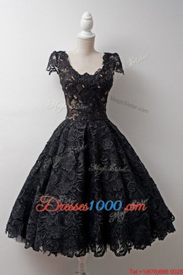 Black Scoop Zipper Lace Prom Party Dress Cap Sleeves