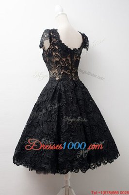 Black Scoop Zipper Lace Prom Party Dress Cap Sleeves