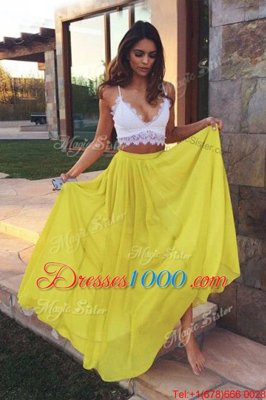Sweet Floor Length Yellow Dress for Prom Chiffon Sleeveless Ruching