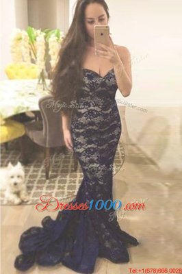 Fantastic Mermaid Navy Blue Sleeveless With Train Lace Zipper Prom Dress