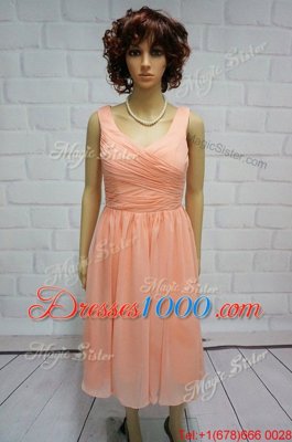 Custom Made Peach Column/Sheath Chiffon Straps Sleeveless Ruching Knee Length Lace Up Prom Homecoming Dress