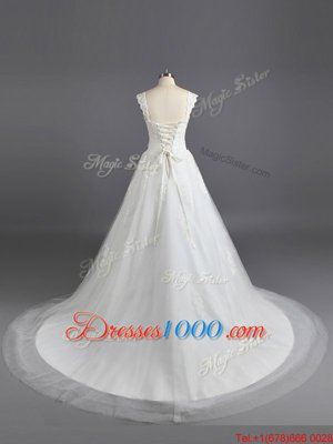 Custom Designed Court Train A-line Wedding Gown White Straps Tulle and Lace Sleeveless Lace Up