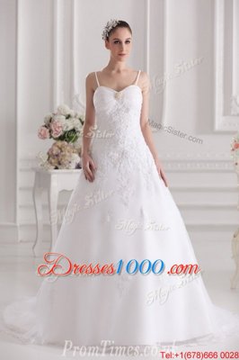 Sophisticated Spaghetti Straps Sleeveless Tulle and Lace Wedding Dress Beading and Lace and Appliques Brush Train Zipper