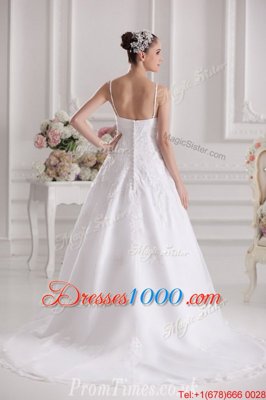 Sophisticated Spaghetti Straps Sleeveless Tulle and Lace Wedding Dress Beading and Lace and Appliques Brush Train Zipper