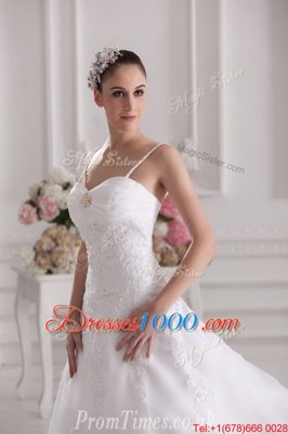 Sophisticated Spaghetti Straps Sleeveless Tulle and Lace Wedding Dress Beading and Lace and Appliques Brush Train Zipper