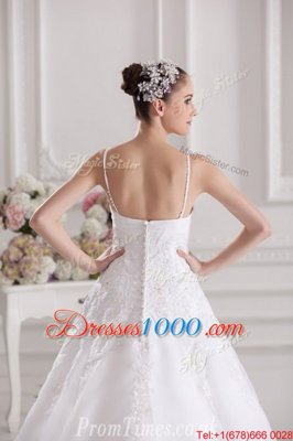 Sophisticated Spaghetti Straps Sleeveless Tulle and Lace Wedding Dress Beading and Lace and Appliques Brush Train Zipper