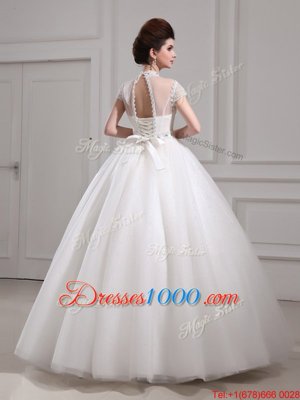 Halter Top Floor Length White Wedding Dress High-neck Cap Sleeves Lace Up