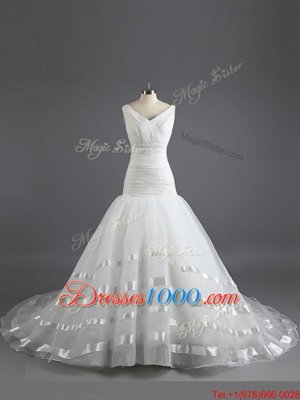 V-neck Sleeveless Wedding Gown With Train Court Train Ruching White Organza