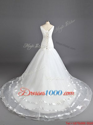 V-neck Sleeveless Wedding Gown With Train Court Train Ruching White Organza