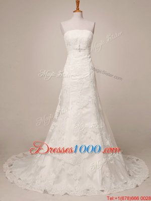 Excellent White Strapless Neckline Lace Wedding Gowns Sleeveless Lace Up