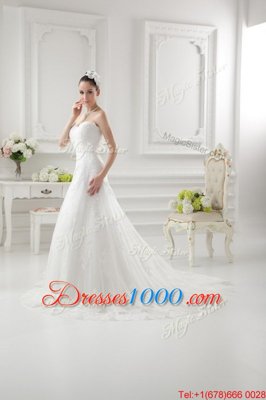 White A-line Sweetheart Sleeveless Tulle Sweep Train Clasp Handle Lace and Appliques Wedding Dresses